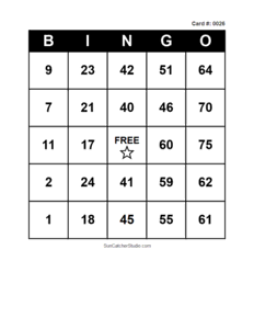 Number Bingo Card #0026. Free printable number bingo card with numbers 1–75, BINGO columns, and a FREE center space for classroom, party, and family games.