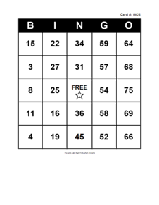 Number Bingo Card #0028. Free printable number bingo card with numbers 1–75, BINGO columns, and a FREE center space for classroom, party, and family games.