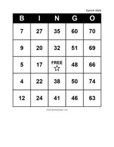Number Bingo Card #0029. Free printable number bingo card with numbers 1–75, BINGO columns, and a FREE center space for classroom, party, and family games.