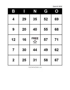 Number Bingo Card #0030. Free printable number bingo card with numbers 1–75, BINGO columns, and a FREE center space for classroom, party, and family games.