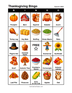 Thanksgiving Bingo Card #0001. Free printable Thanksgiving Bingo Cards for kids with colorful Thanksgiving pictures and words, perfect for preschool, classrooms, school parties, family activities, Thanksgiving parties, and holiday games. PDF and PNG downloads.