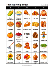 Thanksgiving Bingo Card #0002. Free printable Thanksgiving Bingo Cards for kids with colorful Thanksgiving pictures and words, perfect for preschool, classrooms, school parties, family activities, Thanksgiving parties, and holiday games. PDF and PNG downloads.
