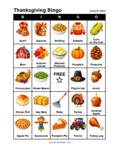 Thanksgiving Bingo Card #0003. Free printable Thanksgiving Bingo Cards for kids with colorful Thanksgiving pictures and words, perfect for preschool, classrooms, school parties, family activities, Thanksgiving parties, and holiday games. PDF and PNG downloads.