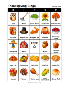 Thanksgiving Bingo Card #0004. Free printable Thanksgiving Bingo Cards for kids with colorful Thanksgiving pictures and words, perfect for preschool, classrooms, school parties, family activities, Thanksgiving parties, and holiday games. PDF and PNG downloads.