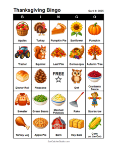 Thanksgiving Bingo Card #0005. Free printable Thanksgiving Bingo Cards for kids with colorful Thanksgiving pictures and words, perfect for preschool, classrooms, school parties, family activities, Thanksgiving parties, and holiday games. PDF and PNG downloads.