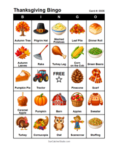 Thanksgiving Bingo Card #0006. Free printable Thanksgiving Bingo Cards for kids with colorful Thanksgiving pictures and words, perfect for preschool, classrooms, school parties, family activities, Thanksgiving parties, and holiday games. PDF and PNG downloads.