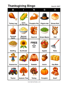 Thanksgiving Bingo Card #0007. Free printable Thanksgiving Bingo Cards for kids with colorful Thanksgiving pictures and words, perfect for preschool, classrooms, school parties, family activities, Thanksgiving parties, and holiday games. PDF and PNG downloads.