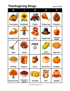 Thanksgiving Bingo Card #0008. Free printable Thanksgiving Bingo Cards for kids with colorful Thanksgiving pictures and words, perfect for preschool, classrooms, school parties, family activities, Thanksgiving parties, and holiday games. PDF and PNG downloads.