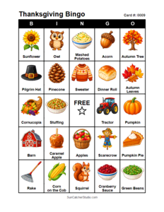 Thanksgiving Bingo Card #0009. Free printable Thanksgiving Bingo Cards for kids with colorful Thanksgiving pictures and words, perfect for preschool, classrooms, school parties, family activities, Thanksgiving parties, and holiday games. PDF and PNG downloads.