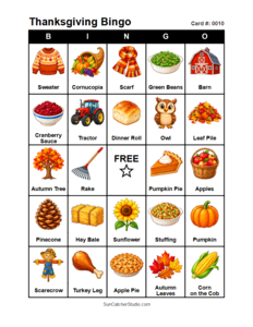 Thanksgiving Bingo Card #0010. Free printable Thanksgiving Bingo Cards for kids with colorful Thanksgiving pictures and words, perfect for preschool, classrooms, school parties, family activities, Thanksgiving parties, and holiday games. PDF and PNG downloads.