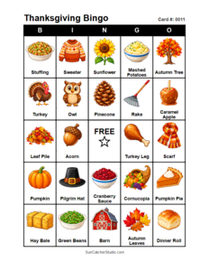 Thanksgiving Bingo Card #0011. Free printable Thanksgiving Bingo Cards for kids with colorful Thanksgiving pictures and words, perfect for preschool, classrooms, school parties, family activities, Thanksgiving parties, and holiday games. PDF and PNG downloads.
