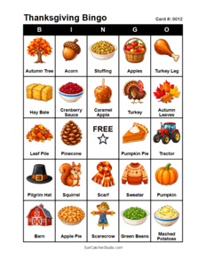 Thanksgiving Bingo Card #0012. Free printable Thanksgiving Bingo Cards for kids with colorful Thanksgiving pictures and words, perfect for preschool, classrooms, school parties, family activities, Thanksgiving parties, and holiday games. PDF and PNG downloads.