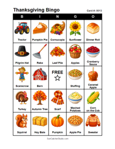 Thanksgiving Bingo Card #0013. Free printable Thanksgiving Bingo Cards for kids with colorful Thanksgiving pictures and words, perfect for preschool, classrooms, school parties, family activities, Thanksgiving parties, and holiday games. PDF and PNG downloads.