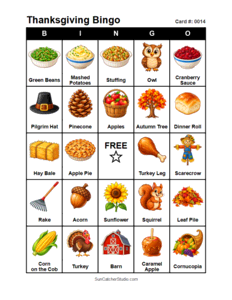 Thanksgiving Bingo Card #0014. Free printable Thanksgiving Bingo Cards for kids with colorful Thanksgiving pictures and words, perfect for preschool, classrooms, school parties, family activities, Thanksgiving parties, and holiday games. PDF and PNG downloads.