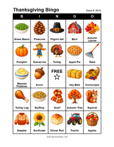 Thanksgiving Bingo Card #0015. Free printable Thanksgiving Bingo Cards for kids with colorful Thanksgiving pictures and words, perfect for preschool, classrooms, school parties, family activities, Thanksgiving parties, and holiday games. PDF and PNG downloads.