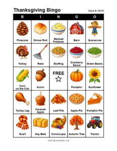Thanksgiving Bingo Card #0016. Free printable Thanksgiving Bingo Cards for kids with colorful Thanksgiving pictures and words, perfect for preschool, classrooms, school parties, family activities, Thanksgiving parties, and holiday games. PDF and PNG downloads.