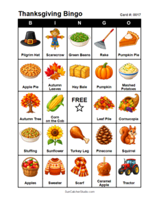 Thanksgiving Bingo Card #0017. Free printable Thanksgiving Bingo Cards for kids with colorful Thanksgiving pictures and words, perfect for preschool, classrooms, school parties, family activities, Thanksgiving parties, and holiday games. PDF and PNG downloads.