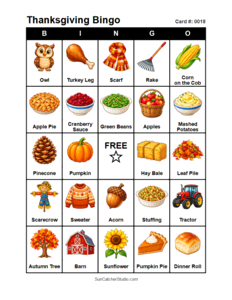 Thanksgiving Bingo Card #0018. Free printable Thanksgiving Bingo Cards for kids with colorful Thanksgiving pictures and words, perfect for preschool, classrooms, school parties, family activities, Thanksgiving parties, and holiday games. PDF and PNG downloads.