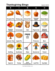 Thanksgiving Bingo Card #0019. Free printable Thanksgiving Bingo Cards for kids with colorful Thanksgiving pictures and words, perfect for preschool, classrooms, school parties, family activities, Thanksgiving parties, and holiday games. PDF and PNG downloads.