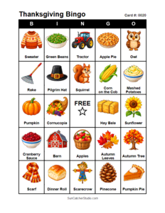 Thanksgiving Bingo Card #0020. Free printable Thanksgiving Bingo Cards for kids with colorful Thanksgiving pictures and words, perfect for preschool, classrooms, school parties, family activities, Thanksgiving parties, and holiday games. PDF and PNG downloads.