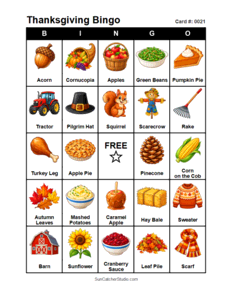 Thanksgiving Bingo Card #0021. Free printable Thanksgiving Bingo Cards for kids with colorful Thanksgiving pictures and words, perfect for preschool, classrooms, school parties, family activities, Thanksgiving parties, and holiday games. PDF and PNG downloads.