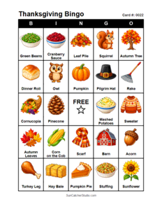 Thanksgiving Bingo Card #0022. Free printable Thanksgiving Bingo Cards for kids with colorful Thanksgiving pictures and words, perfect for preschool, classrooms, school parties, family activities, Thanksgiving parties, and holiday games. PDF and PNG downloads.