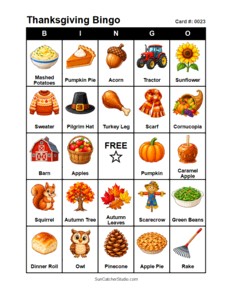 Thanksgiving Bingo Card #0023. Free printable Thanksgiving Bingo Cards for kids with colorful Thanksgiving pictures and words, perfect for preschool, classrooms, school parties, family activities, Thanksgiving parties, and holiday games. PDF and PNG downloads.