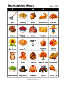 Thanksgiving Bingo Card #0024. Free printable Thanksgiving Bingo Cards for kids with colorful Thanksgiving pictures and words, perfect for preschool, classrooms, school parties, family activities, Thanksgiving parties, and holiday games. PDF and PNG downloads.