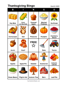 Thanksgiving Bingo Card #0025. Free printable Thanksgiving Bingo Cards for kids with colorful Thanksgiving pictures and words, perfect for preschool, classrooms, school parties, family activities, Thanksgiving parties, and holiday games. PDF and PNG downloads.