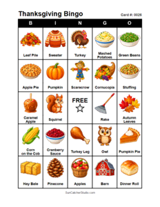 Thanksgiving Bingo Card #0026. Free printable Thanksgiving Bingo Cards for kids with colorful Thanksgiving pictures and words, perfect for preschool, classrooms, school parties, family activities, Thanksgiving parties, and holiday games. PDF and PNG downloads.