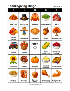 Thanksgiving Bingo Card #0027. Free printable Thanksgiving Bingo Cards for kids with colorful Thanksgiving pictures and words, perfect for preschool, classrooms, school parties, family activities, Thanksgiving parties, and holiday games. PDF and PNG downloads.
