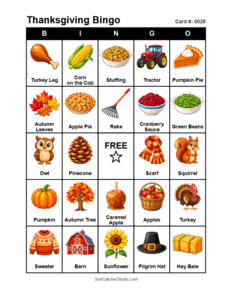 Thanksgiving Bingo Card #0028. Free printable Thanksgiving Bingo Cards for kids with colorful Thanksgiving pictures and words, perfect for preschool, classrooms, school parties, family activities, Thanksgiving parties, and holiday games. PDF and PNG downloads.