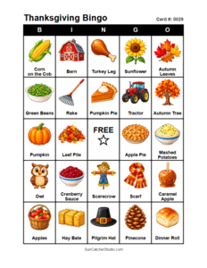 Thanksgiving Bingo Card #0029. Free printable Thanksgiving Bingo Cards for kids with colorful Thanksgiving pictures and words, perfect for preschool, classrooms, school parties, family activities, Thanksgiving parties, and holiday games. PDF and PNG downloads.