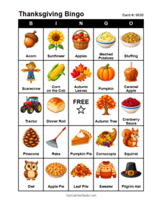 Thanksgiving Bingo Card #0030. Free printable Thanksgiving Bingo Cards for kids with colorful Thanksgiving pictures and words, perfect for preschool, classrooms, school parties, family activities, Thanksgiving parties, and holiday games. PDF and PNG downloads.