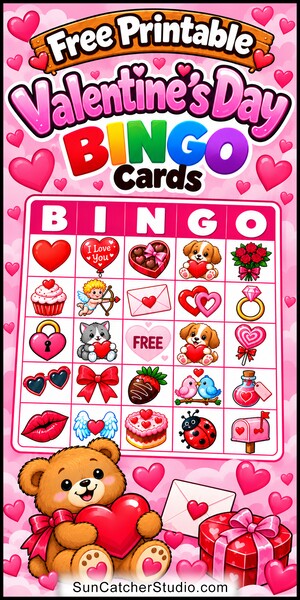 Free printable Valentine's Day Bingo Cards for kids with colorful cartoon Valentine's Day pictures and words, perfect for classrooms, preschool, school parties, family games, and Valentine's Day activities. DIY. PDF and PNG downloads.