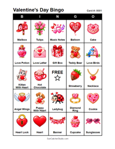 Valentine's Day Bingo Card #0001. Free printable Valentine's Day bingo cards for kids with colorful Valentine's Day pictures and words, perfect for preschool activities, classrooms, school parties, family activities, Valentine's Day parties, and seasonal games. PDF and PNG downloads.