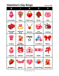 Valentine's Day Bingo Card #0002. Free printable Valentine's Day bingo cards for kids with colorful Valentine's Day pictures and words, perfect for preschool activities, classrooms, school parties, family activities, Valentine's Day parties, and seasonal games. PDF and PNG downloads.