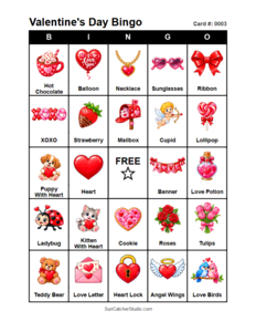 Valentine's Day Bingo Card #0003. Free printable Valentine's Day bingo cards for kids with colorful Valentine's Day pictures and words, perfect for preschool activities, classrooms, school parties, family activities, Valentine's Day parties, and seasonal games. PDF and PNG downloads.