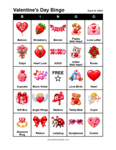 Valentine's Day Bingo Card #0004. Free printable Valentine's Day bingo cards for kids with colorful Valentine's Day pictures and words, perfect for preschool activities, classrooms, school parties, family activities, Valentine's Day parties, and seasonal games. PDF and PNG downloads.