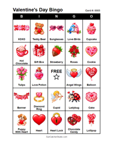 Valentine's Day Bingo Card #0005. Free printable Valentine's Day bingo cards for kids with colorful Valentine's Day pictures and words, perfect for preschool activities, classrooms, school parties, family activities, Valentine's Day parties, and seasonal games. PDF and PNG downloads.