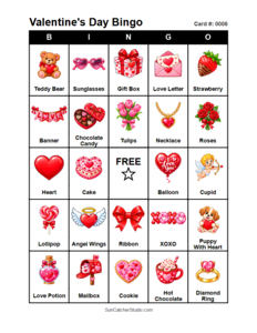 Valentine's Day Bingo Card #0006. Free printable Valentine's Day bingo cards for kids with colorful Valentine's Day pictures and words, perfect for preschool activities, classrooms, school parties, family activities, Valentine's Day parties, and seasonal games. PDF and PNG downloads.
