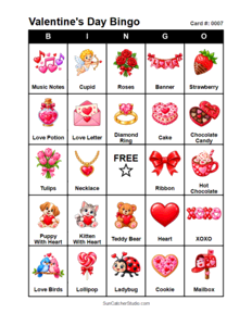 Valentine's Day Bingo Card #0007. Free printable Valentine's Day bingo cards for kids with colorful Valentine's Day pictures and words, perfect for preschool activities, classrooms, school parties, family activities, Valentine's Day parties, and seasonal games. PDF and PNG downloads.