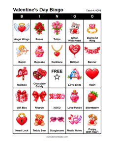 Valentine's Day Bingo Card #0008. Free printable Valentine's Day bingo cards for kids with colorful Valentine's Day pictures and words, perfect for preschool activities, classrooms, school parties, family activities, Valentine's Day parties, and seasonal games. PDF and PNG downloads.