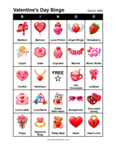Valentine's Day Bingo Card #0009. Free printable Valentine's Day bingo cards for kids with colorful Valentine's Day pictures and words, perfect for preschool activities, classrooms, school parties, family activities, Valentine's Day parties, and seasonal games. PDF and PNG downloads.