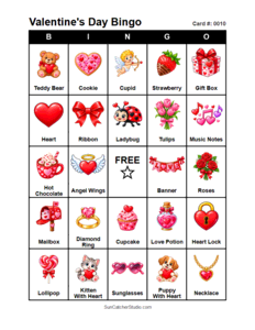 Valentine's Day Bingo Card #0010. Free printable Valentine's Day bingo cards for kids with colorful Valentine's Day pictures and words, perfect for preschool activities, classrooms, school parties, family activities, Valentine's Day parties, and seasonal games. PDF and PNG downloads.