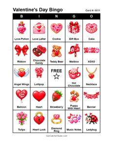 Valentine's Day Bingo Card #0011. Free printable Valentine's Day bingo cards for kids with colorful Valentine's Day pictures and words, perfect for preschool activities, classrooms, school parties, family activities, Valentine's Day parties, and seasonal games. PDF and PNG downloads.