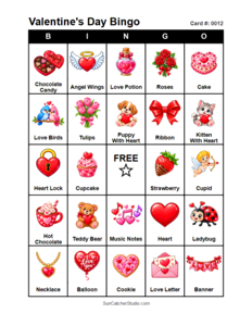 Valentine's Day Bingo Card #0012. Free printable Valentine's Day bingo cards for kids with colorful Valentine's Day pictures and words, perfect for preschool activities, classrooms, school parties, family activities, Valentine's Day parties, and seasonal games. PDF and PNG downloads.