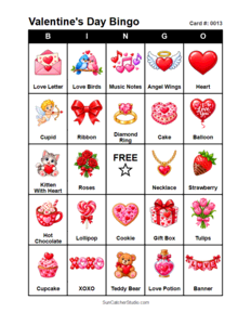 Valentine's Day Bingo Card #0013. Free printable Valentine's Day bingo cards for kids with colorful Valentine's Day pictures and words, perfect for preschool activities, classrooms, school parties, family activities, Valentine's Day parties, and seasonal games. PDF and PNG downloads.