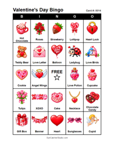 Valentine's Day Bingo Card #0014. Free printable Valentine's Day bingo cards for kids with colorful Valentine's Day pictures and words, perfect for preschool activities, classrooms, school parties, family activities, Valentine's Day parties, and seasonal games. PDF and PNG downloads.