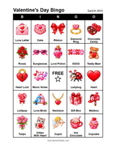 Valentine's Day Bingo Card #0015. Free printable Valentine's Day bingo cards for kids with colorful Valentine's Day pictures and words, perfect for preschool activities, classrooms, school parties, family activities, Valentine's Day parties, and seasonal games. PDF and PNG downloads.